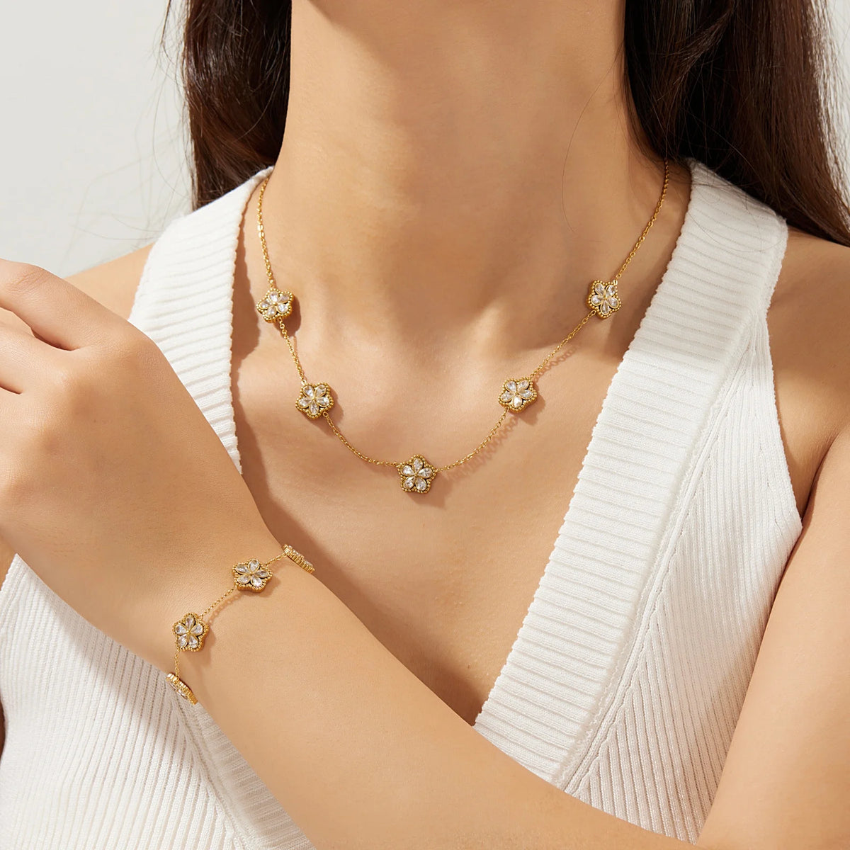 DIEYURO 316L Stainless White WaterDrop Crystal Inlay Flowers Necklace Bracelet Earrings Set Lady Classic Elegant Jewelry Sets