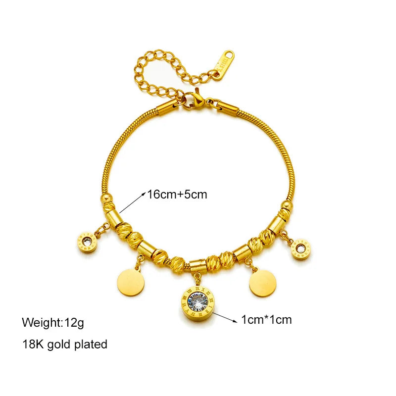 18K Gold Plated Roman Numeral Jewelry Set, CZ Charm Beaded Necklace & Bracelet, Stainless Steel Stackable Accessories