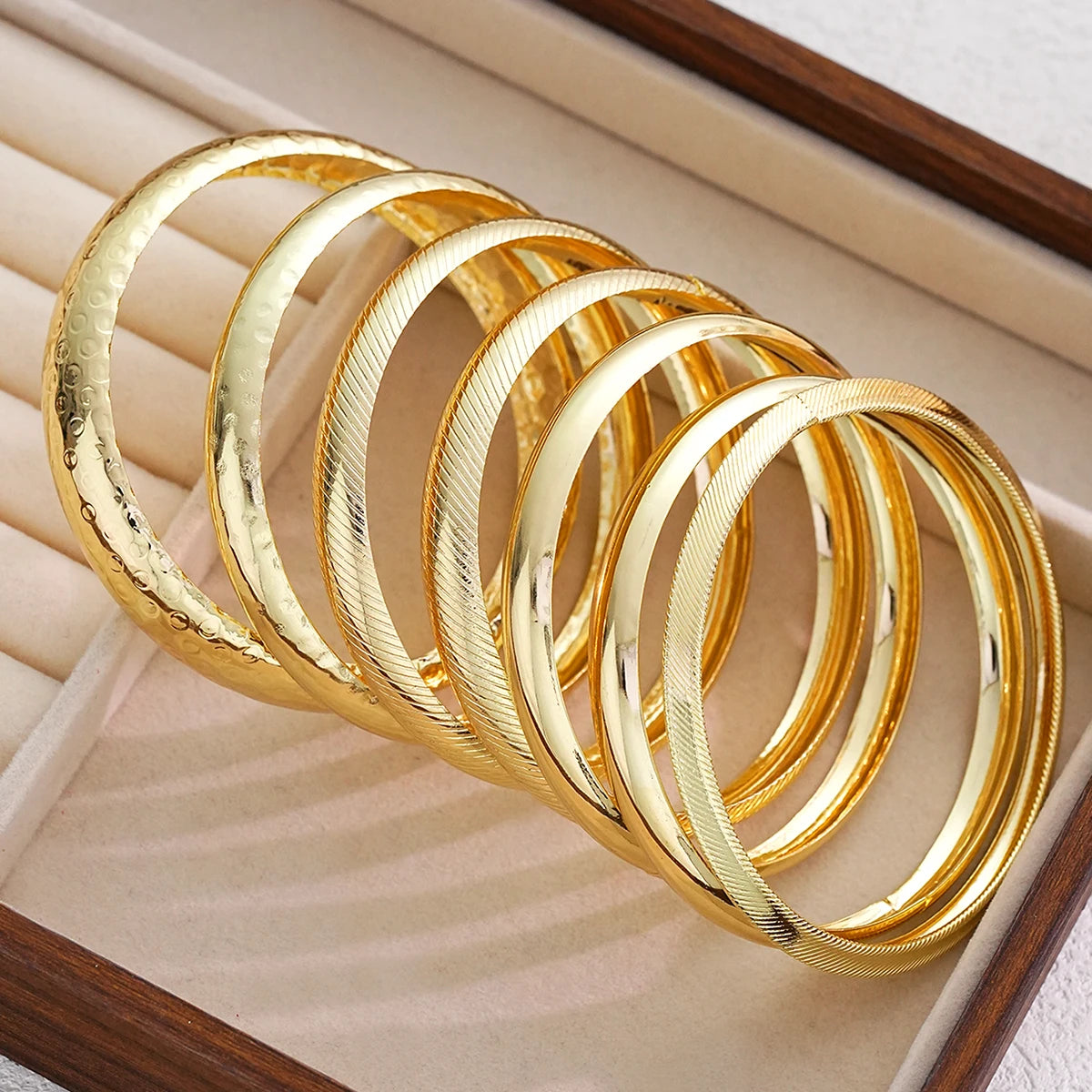 7Pcs Gold Hammered & Smooth Open Cuff Stackable Bangle Set