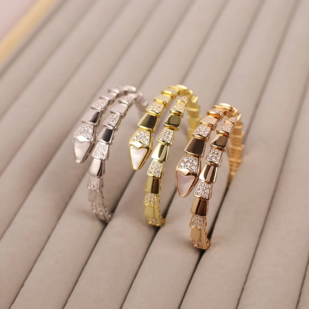 Elegant Snake-Shaped V-Gold Diamond Spring Open Bracelet & Ring Set
