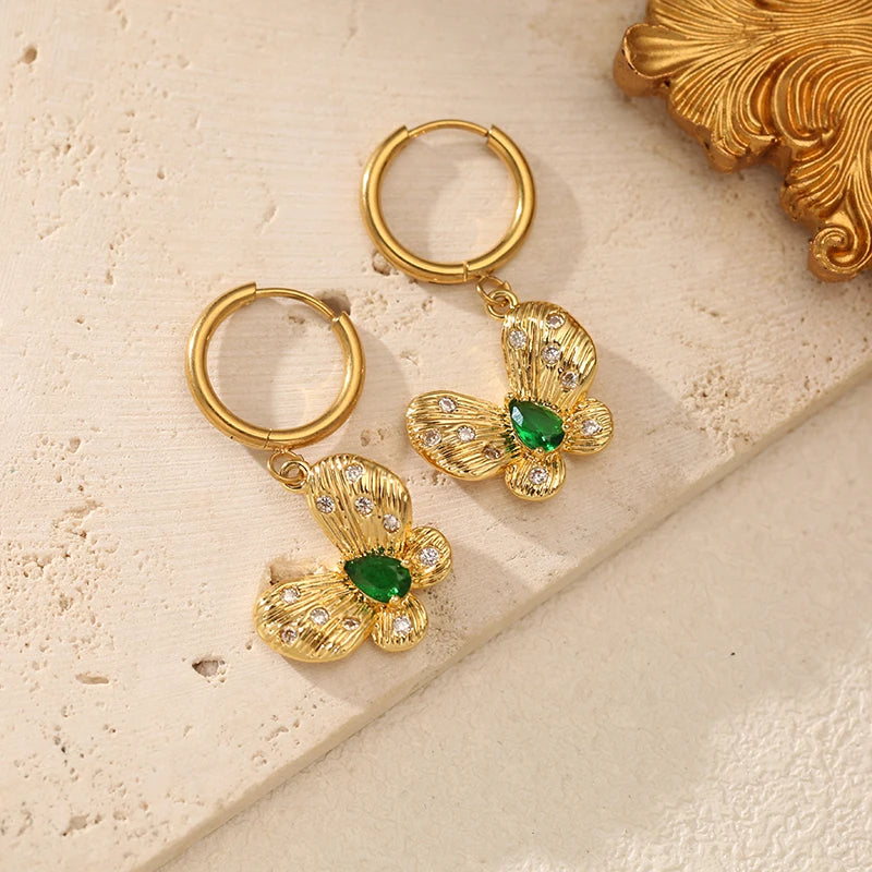 EILIECK Exquisite Butterfly Green Zirconia Dangle Earrings 18K Gold-plated Stainless Steel Women's Trendy Holiday Accessories