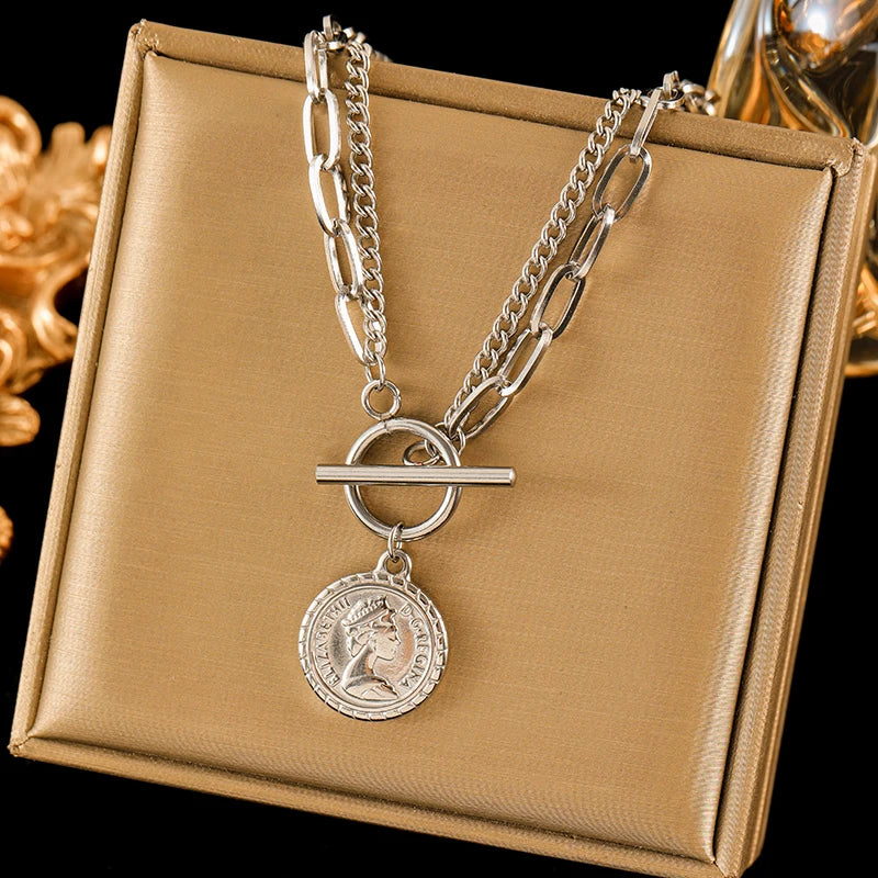 EILIECK 316L Stainless Steel Gold Color Portrait Coin Necklace Bracelets Set For Women New Trendy OT Buckle Waterproof Jewelry