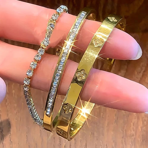 1- to 3-Piece Gold-Color Stainless Steel Sparkling Zircon Stacking Bangles