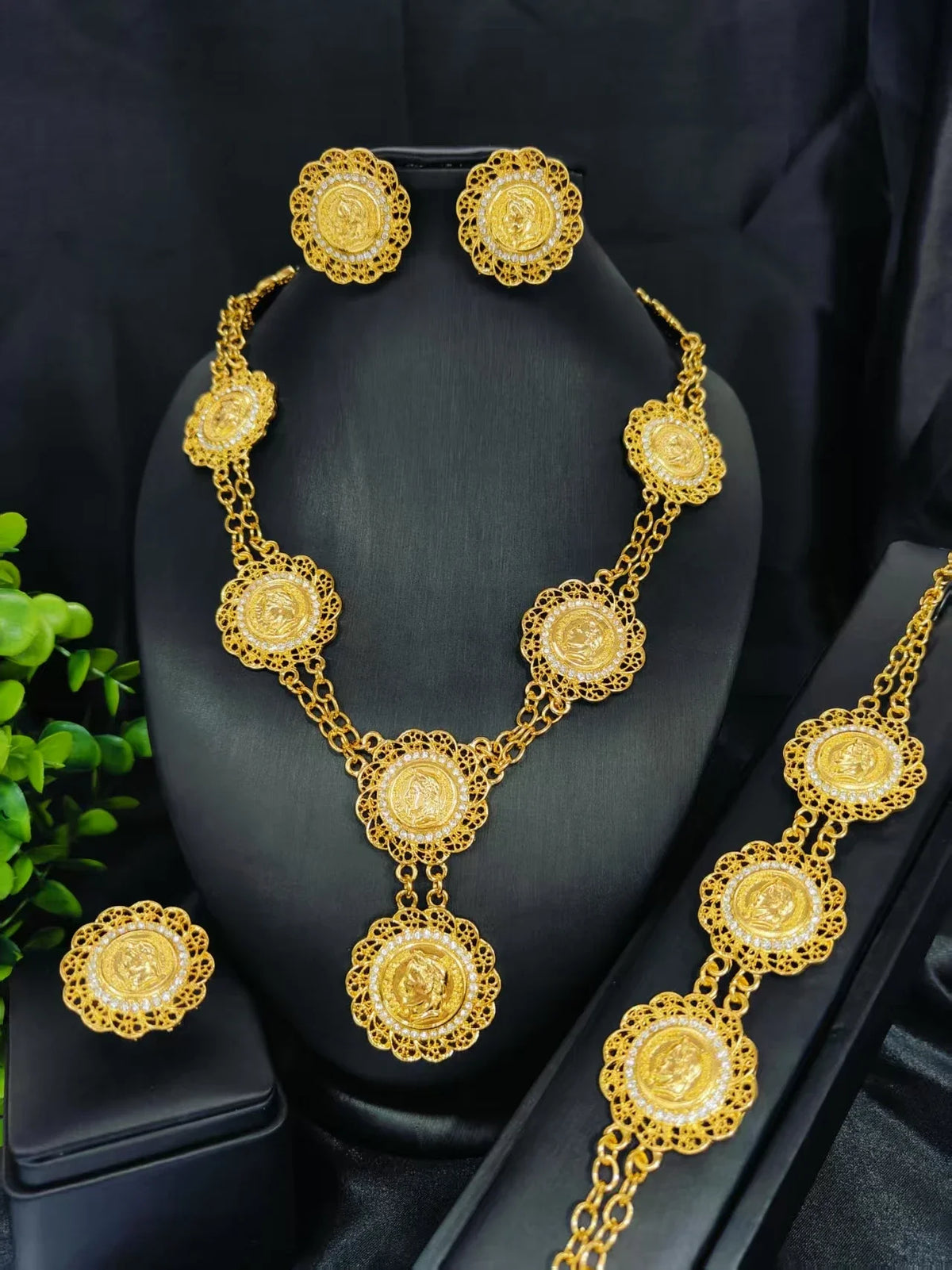 Indian Bridal Jewelry Set Dubai Coin Necklace Earrings For Women Wedding 24k Gold Color African Jwellery Bridesmaid Party Gift