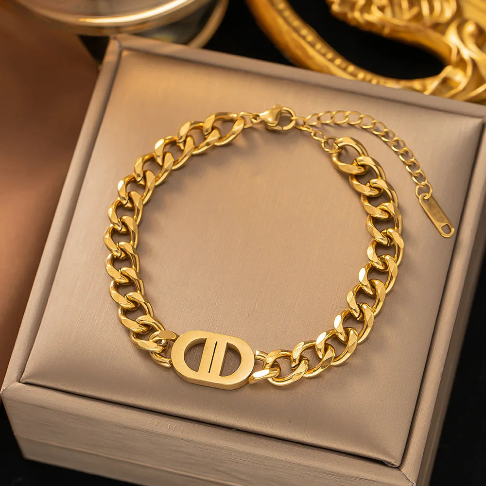 SGMAN Gold-Plated Stainless Steel Cuban Chain Bracelet Set