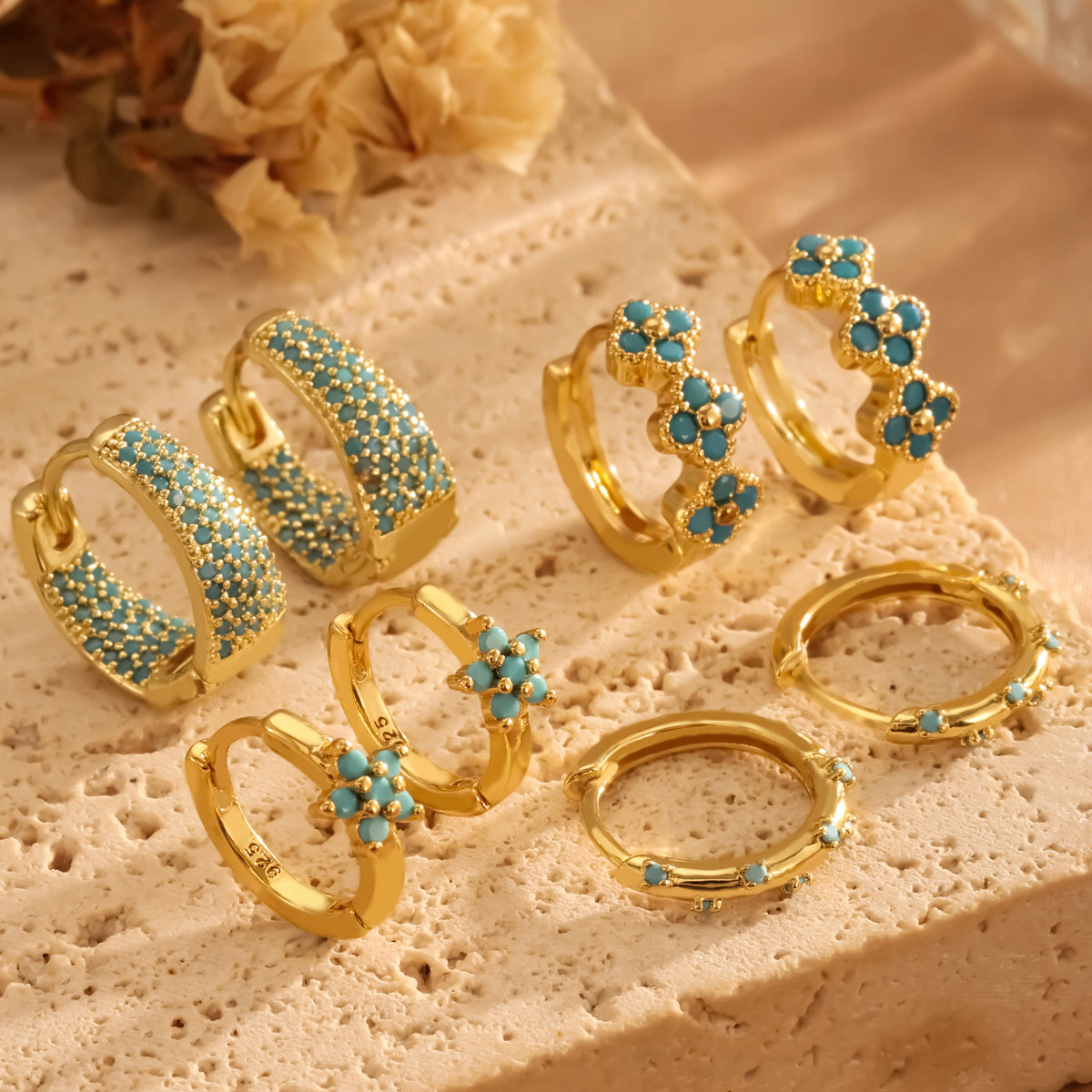 Luxury Gold-Color Plated Turquoise & Micro-Inlaid Blue Zircon Hoop Earrings