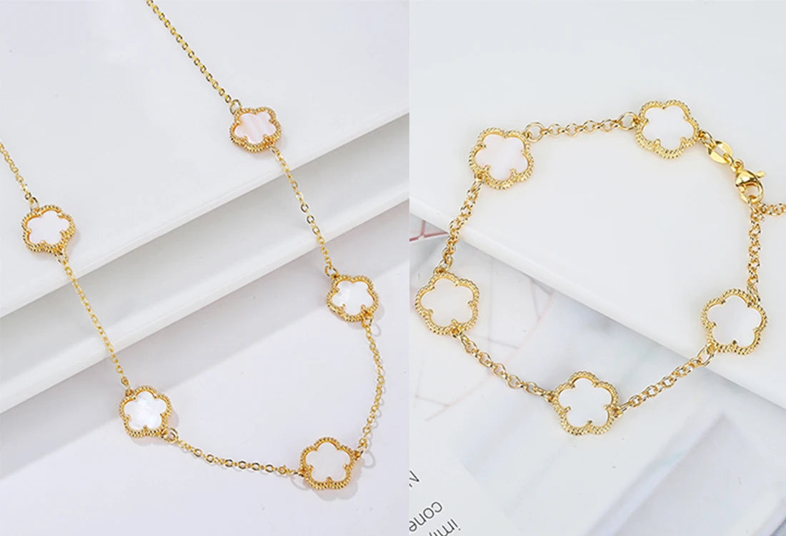 Hot Sale 14 Colors Five-Leaf Flower Set Bracelet Necklace Classic Simple Women Jewelry Set Suitable For Daily Party Wear Clover