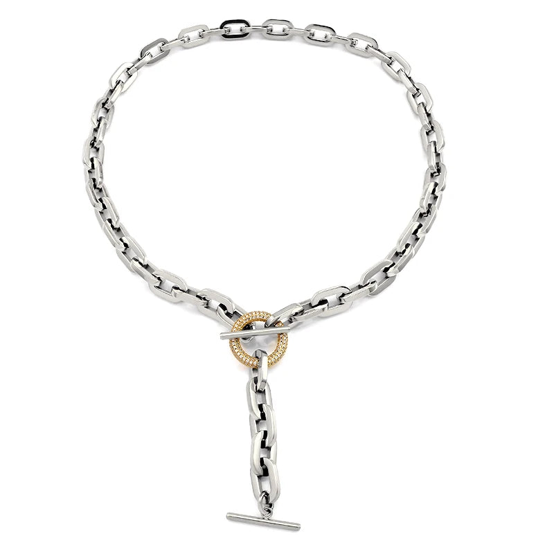 Stainless Steel Necklace Chain T Toggle Clasp Crystal Stones Link Lock Thick Clavicle Chain Choker Necklaces for Women Necklace