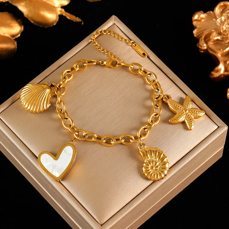 EILIECK 316L Stainless Steel Beach-Style Shells Starfish Bracelet Bangle For Women Trendy Waterproof Hand Chain Jewelry Gift