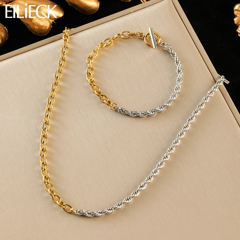 EILIECK 316L Stainless Steel Metal Gold Silver Color Chain Necklace Bracelet for Women Fashion Water Resistant Jewelry Set Gift