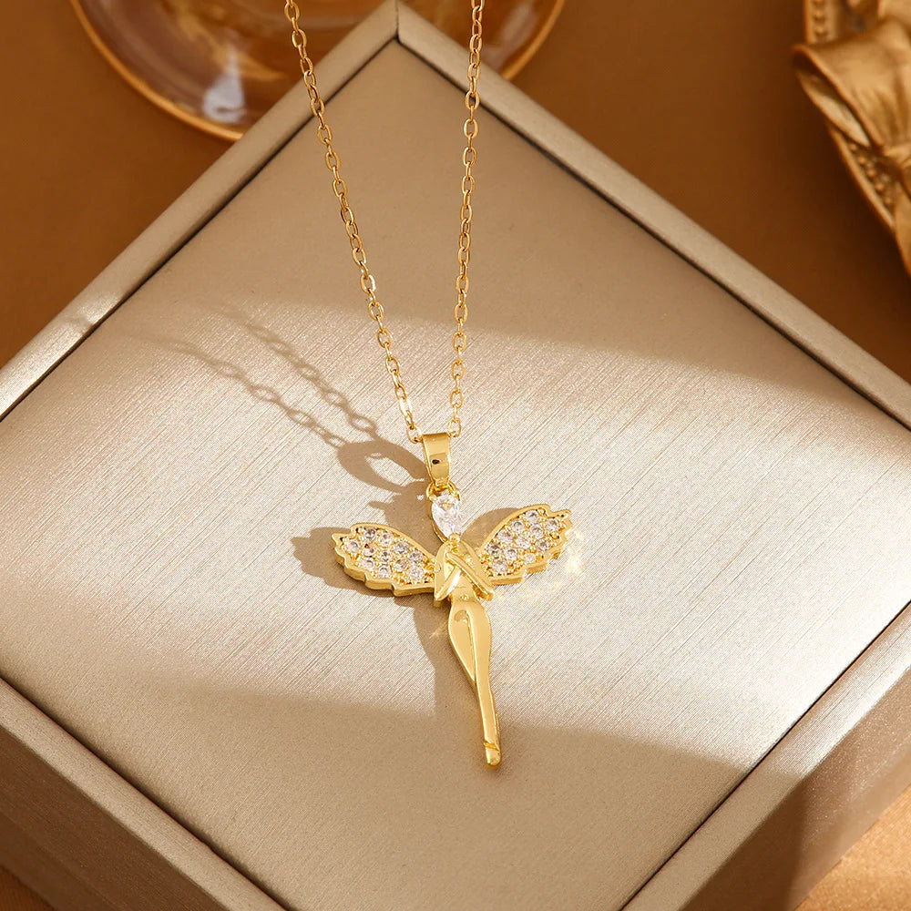 Trendy Gold-Color Stainless Steel Dragonfly Wings Crystal Necklace