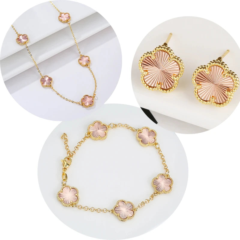 Hot Sale 14 Colors Five-Leaf Flower Set Bracelet Necklace Classic Simple Women Jewelry Set Suitable For Daily Party Wear Clover