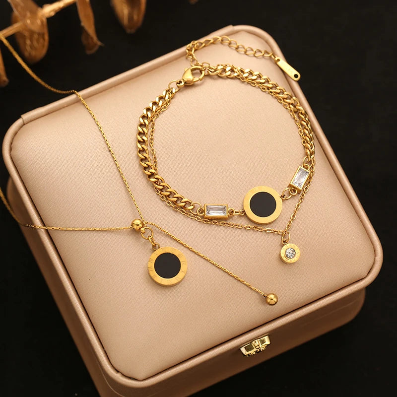 EILIECK 316L Stainless Steel Round Roman Numerals Necklace Bracelet Set For Women Girl Trendy Waterproof Jewelry Set Gift