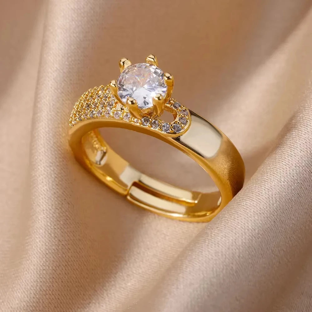 Gold-Plated Stainless Steel Crystal & Geometric Chain Ring