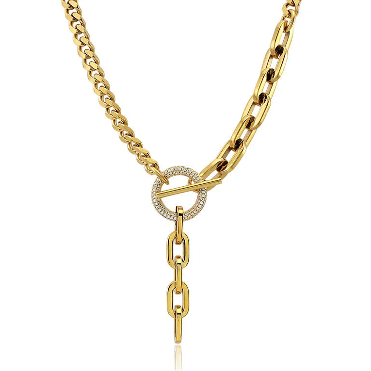 Gold chain necklace with a clasp on a white background