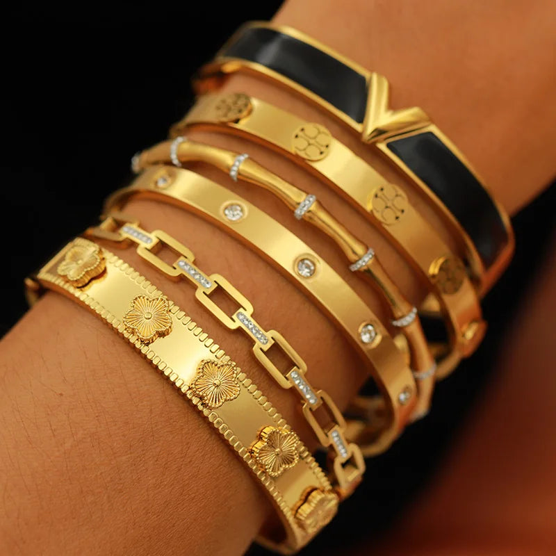 316L Stainless Steel Golden Flower Geometric Bamboo Bangle