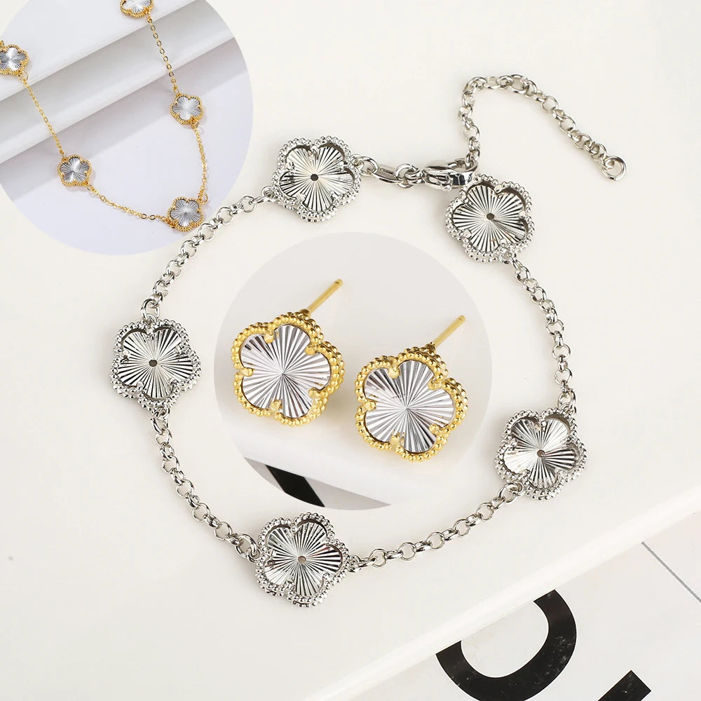 Hot Sale 14 Colors Five-Leaf Flower Set Bracelet Necklace Classic Simple Women Jewelry Set Suitable For Daily Party Wear Clover