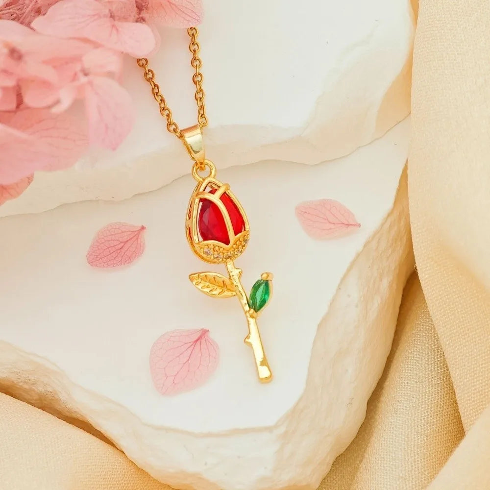 Elegant Tulip Flower Pendant Necklace Minimalist Sweet Style Zircon Pendant Layered Trendy Design Stainless Steel Choker Wedding