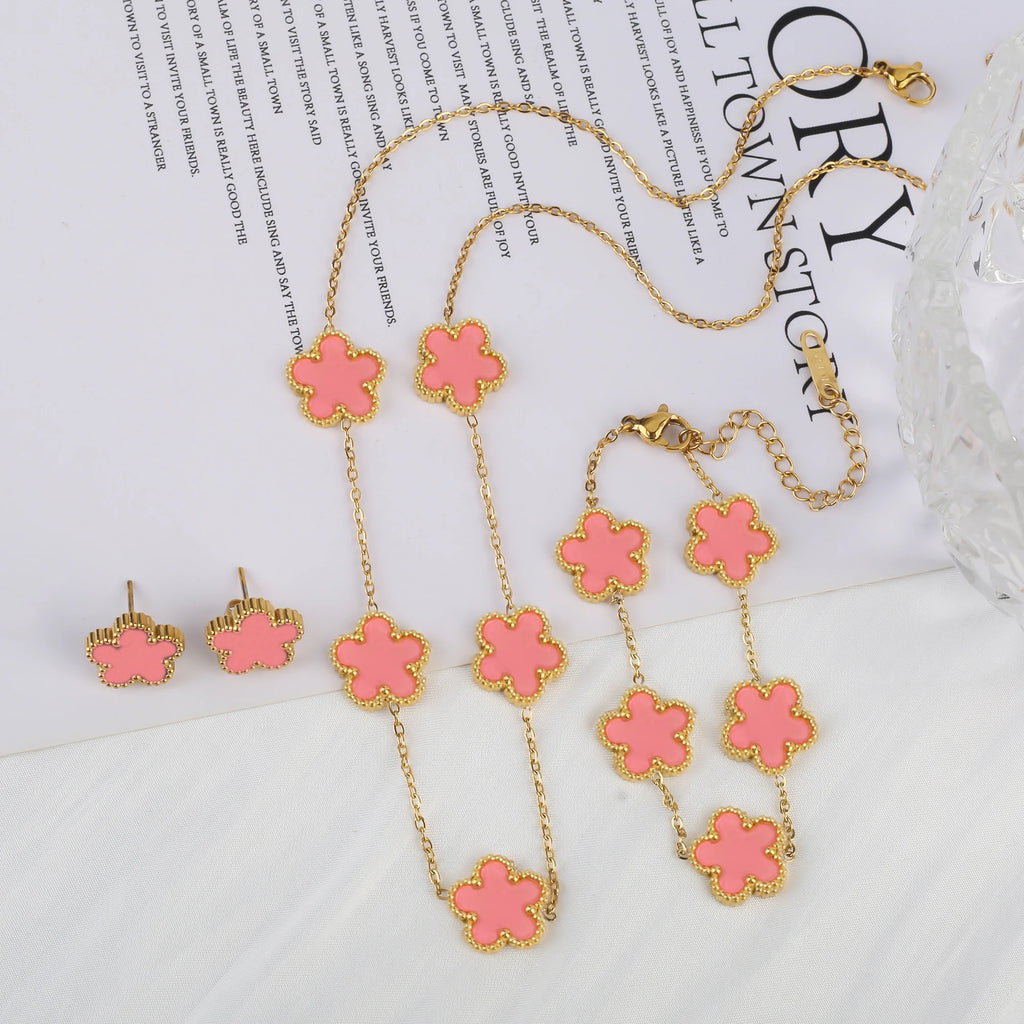 Simple 316L Stainless Steel Flower Five Leaf Necklace Bracelet Earrings 18K Gold Plated Jewelry Set For Women Girl Gift Clover