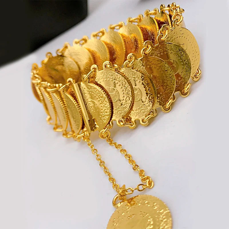 Luxury Gold-Plated Ottoman Turkish Totem Coin Cuff Bangle