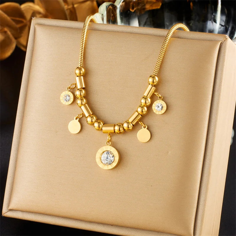 18K Gold Plated Roman Numeral Jewelry Set, CZ Charm Beaded Necklace & Bracelet, Stainless Steel Stackable Accessories