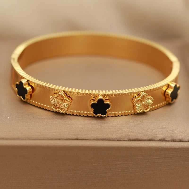 316L Stainless Steel Golden Flower Geometric Bamboo Bangle