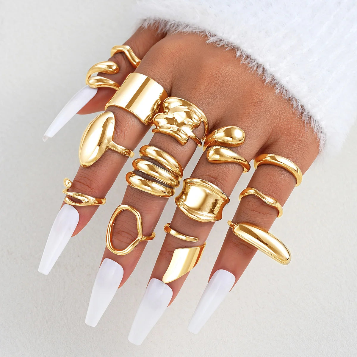 Vintage Exaggerated Smooth Asymmetrical Geometric Rings Set, 14 Pcs/Set