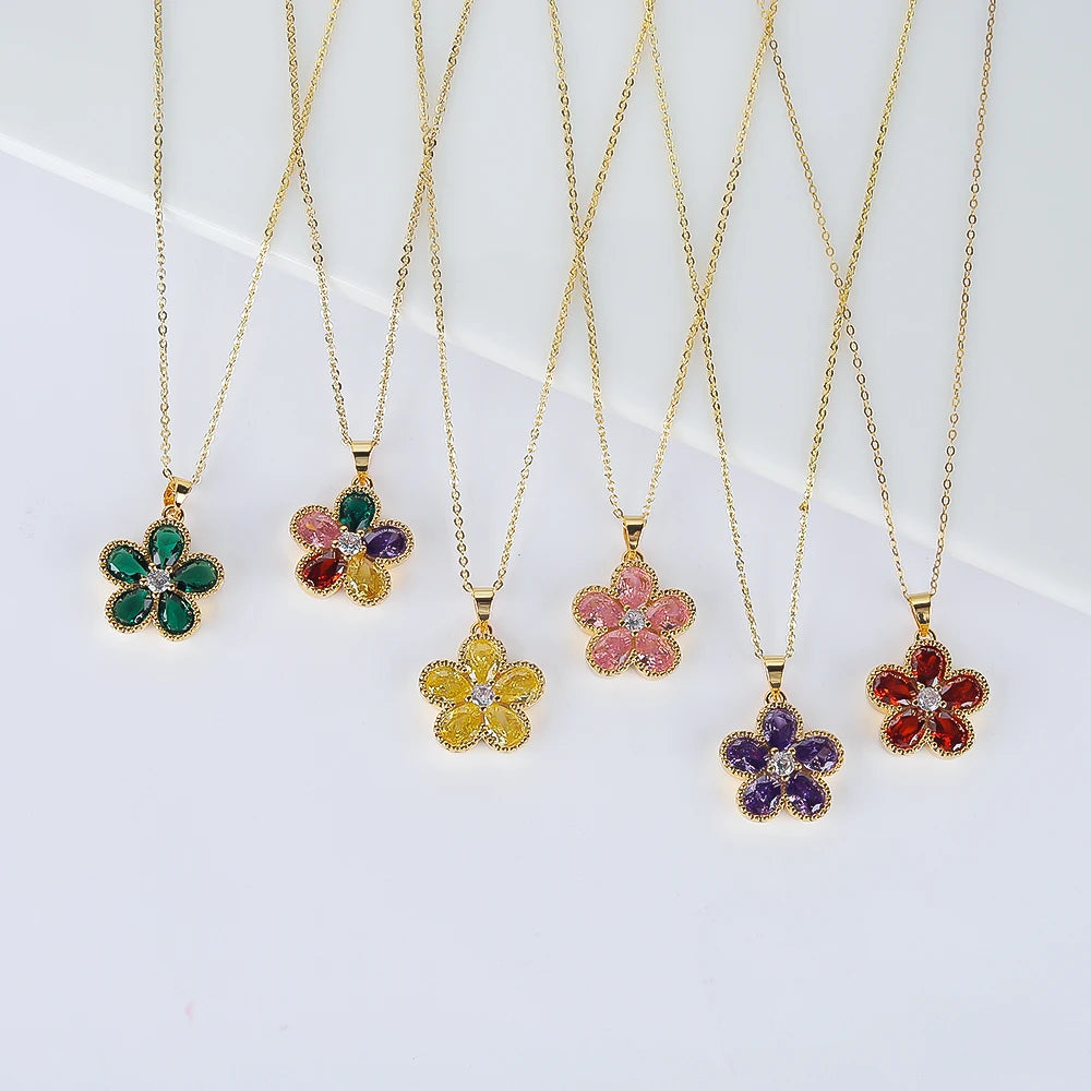 2PC Glass Crystal New Sweet Pendant Necklace Earrings Plum Blossom Five Leaf Flower Luxury Plant Women's Gift Clover