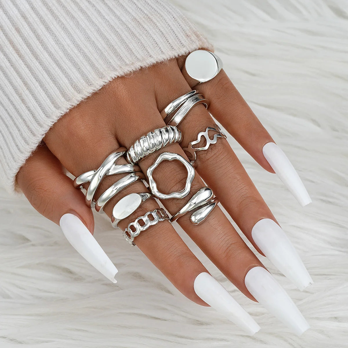 Vintage Exaggerated Smooth Asymmetrical Geometric Rings Set, 14 Pcs/Set