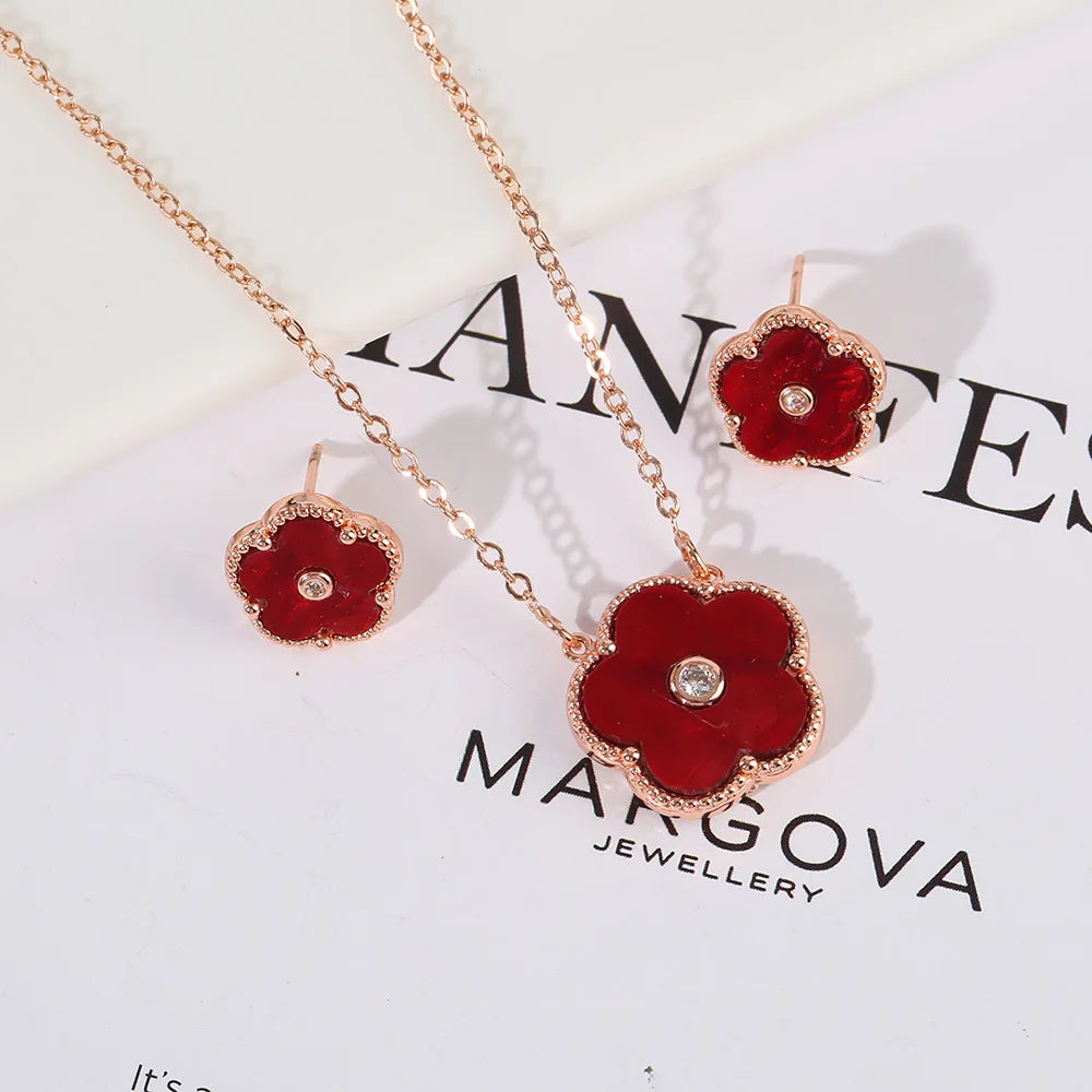 Double Sided Zircon New Design Plant Pentaphyllum 2pc Set Cute Shell Jewelry For Women's High-Quality Gifts Luxurious Clover