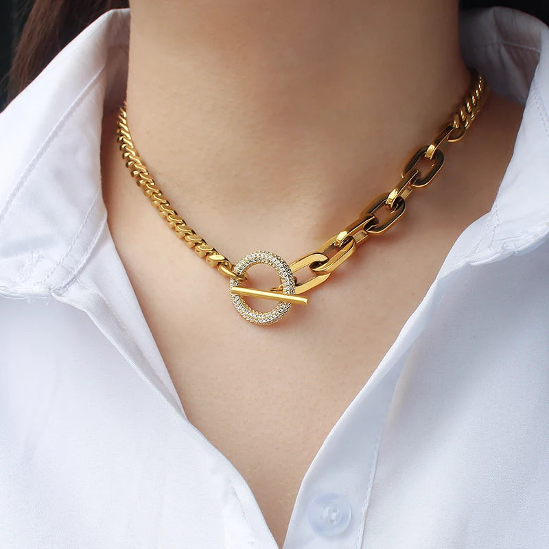 Circle Rhinestone Crystals Lock Stainless Steel Long Chain Tassel Pendant Necklace Choker Cuban Link Chain Statement Necklace