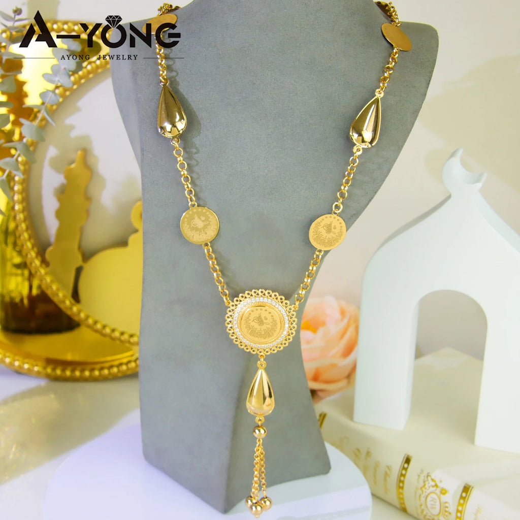 Oman Bridal Wedding Necklace 21k Gold Plated Turkish Fashion Coins Long Chains Nigeria Islamic Women Vintage Party Jewelry
