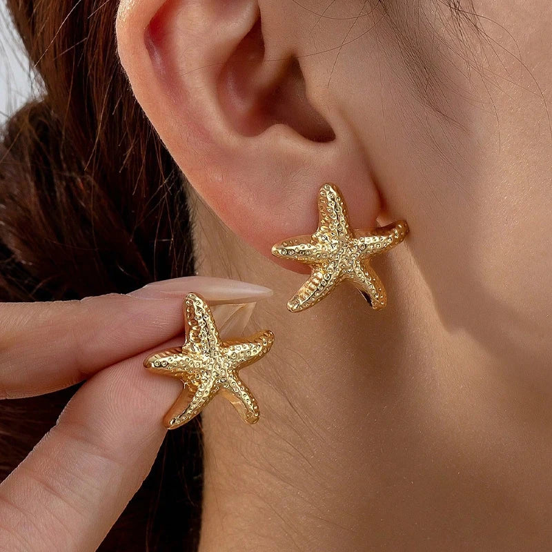 Geometric Starfish Gold & Silver Color Stud Earrings, 2 Pcs/Set