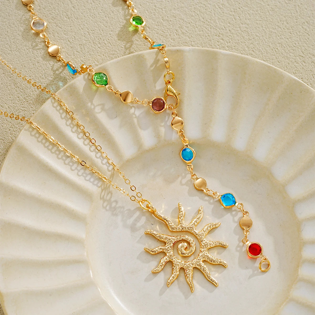 Trendy Sunflower Crystal Y-Shaped Tassel Necklace Set, 2 Pcs/Set