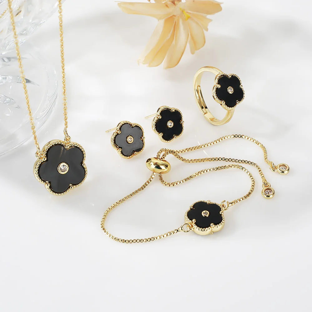 4pc Double-Sided Plum Blossom Jewelry Set Zircon New Hot Selling Plant Five Leaf Flower Women's High-Quality Clover