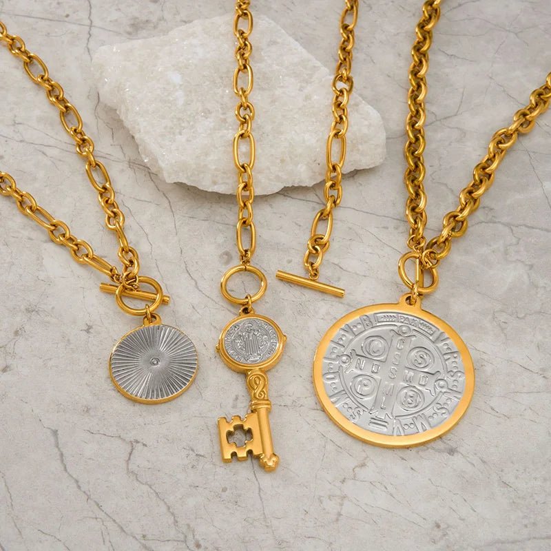 Two tones coin key pendant necklaces stainless steel ot clasp necklaces stainless steel jewelry new in waterproof 2025
