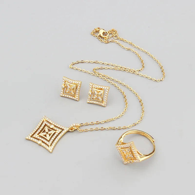 Classic Copper Luxurious rING Cubic Ziron Women Pendant Choker Necklace Statement Necklace Jewelry Set Earring Lady Gift
