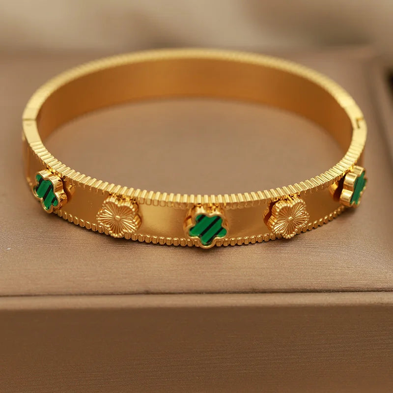 316L Stainless Steel Golden Flower Geometric Bamboo Bangle