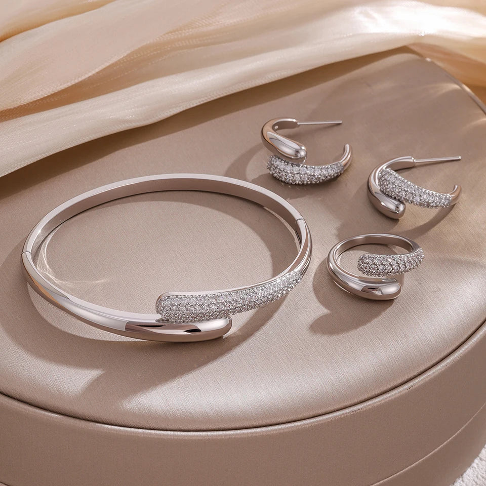 3-Piece Luxury Micro-Inlaid Zircon Water Drop Bracelet, Ring & Earrings Set