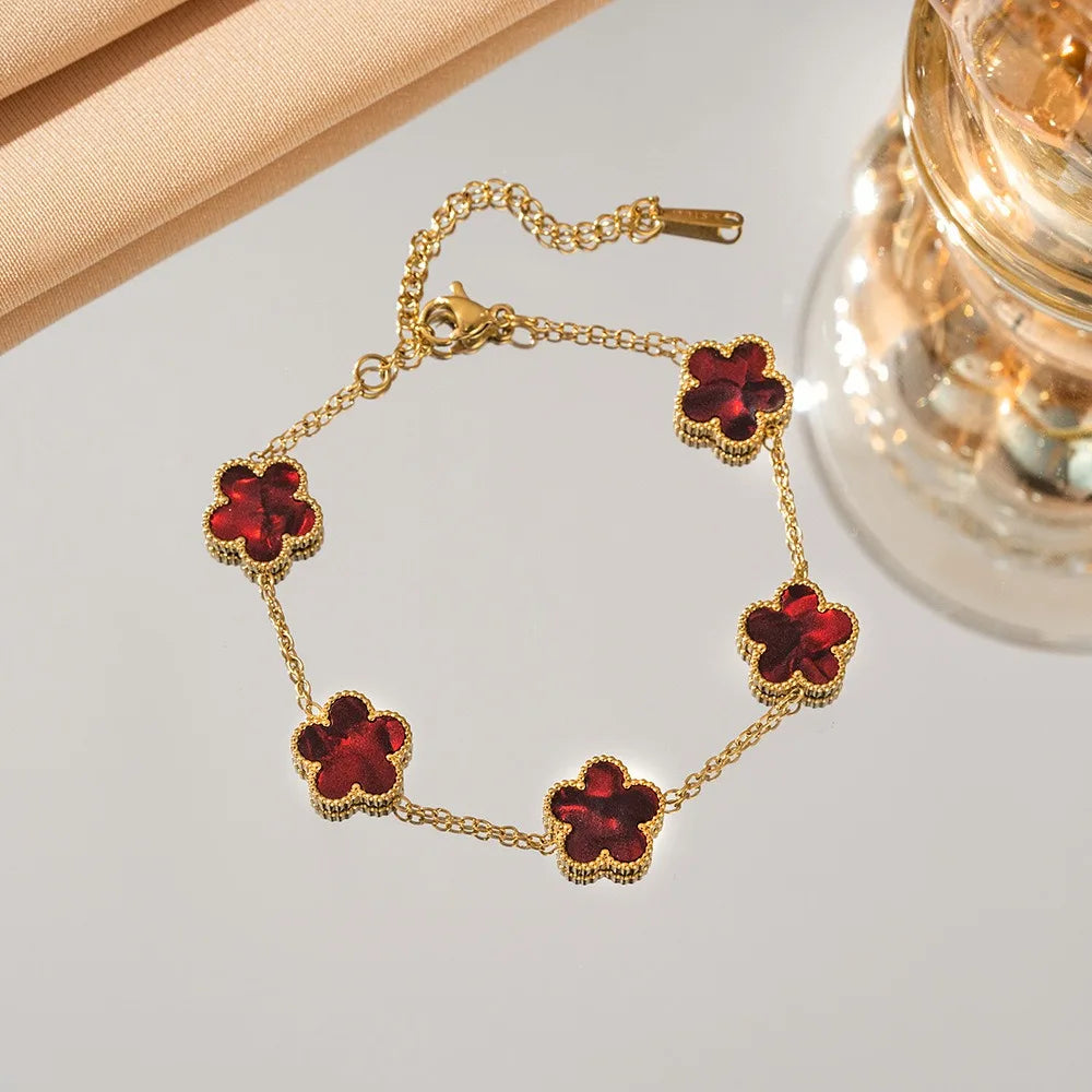 18k Gold Plated Lucky Five-Leaf Flower Stainless Steel Bracelet Women's Exquisite Five-Pointed Star Luxury Party Jewelry Gift