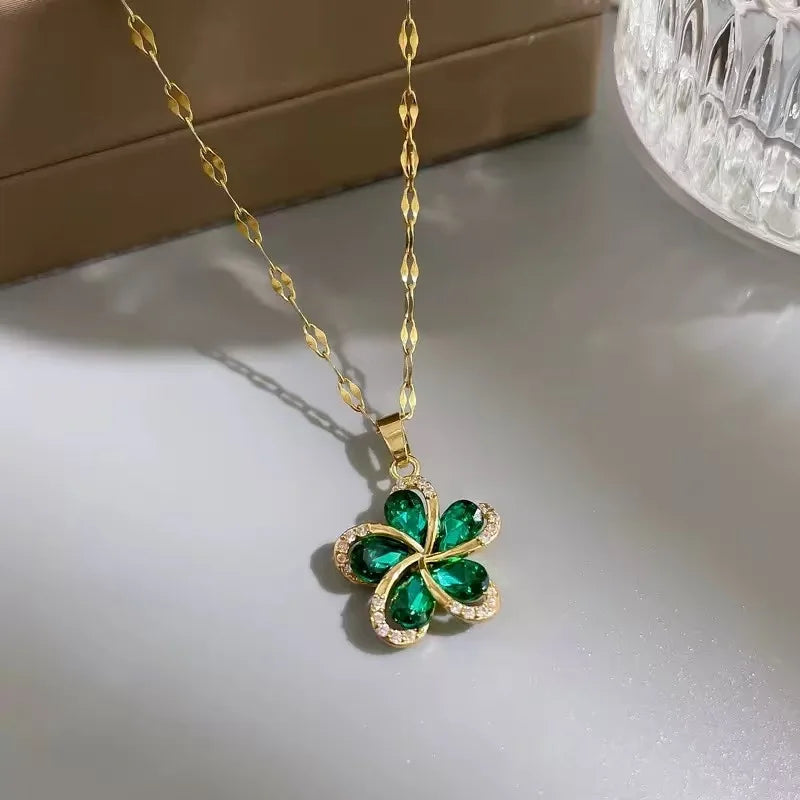 EILIECK 316L Stainless Steel Green Cubic Zircon Flower Pendant Necklace for Women Luxury Temperament Neck Chain Fashion Jewelry