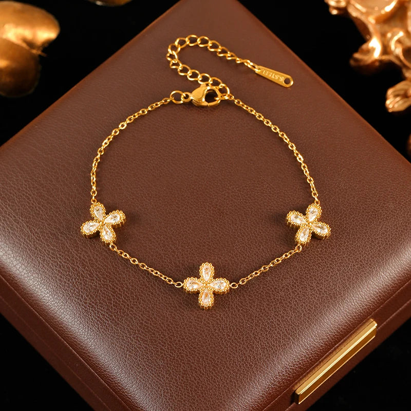 GANEMLY 316L Stainless Steel Flower Zirconia Bracelet Necklace Earrings Set Charm Metal Texture 18K Gold Plated Jewelry Women