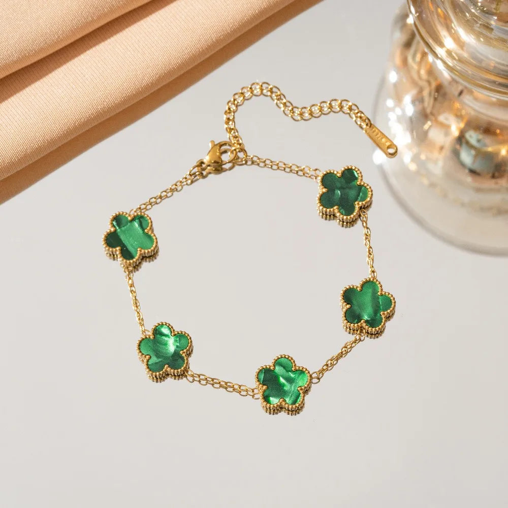 18k Gold Plated Lucky Five-Leaf Flower Stainless Steel Bracelet Women's Exquisite Five-Pointed Star Luxury Party Jewelry Gift