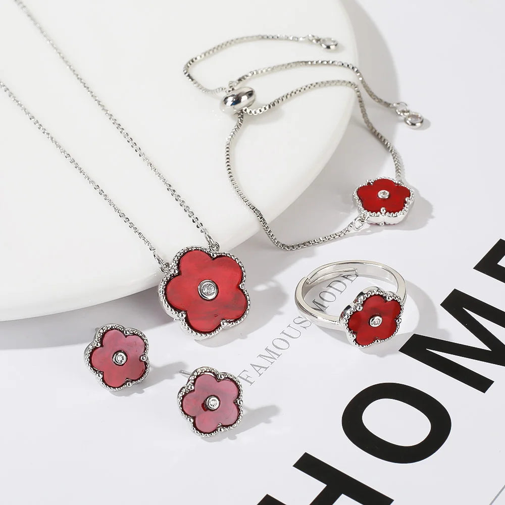 4pc Double-Sided Plum Blossom Jewelry Set Zircon New Hot Selling Plant Five Leaf Flower Women's High-Quality Clover