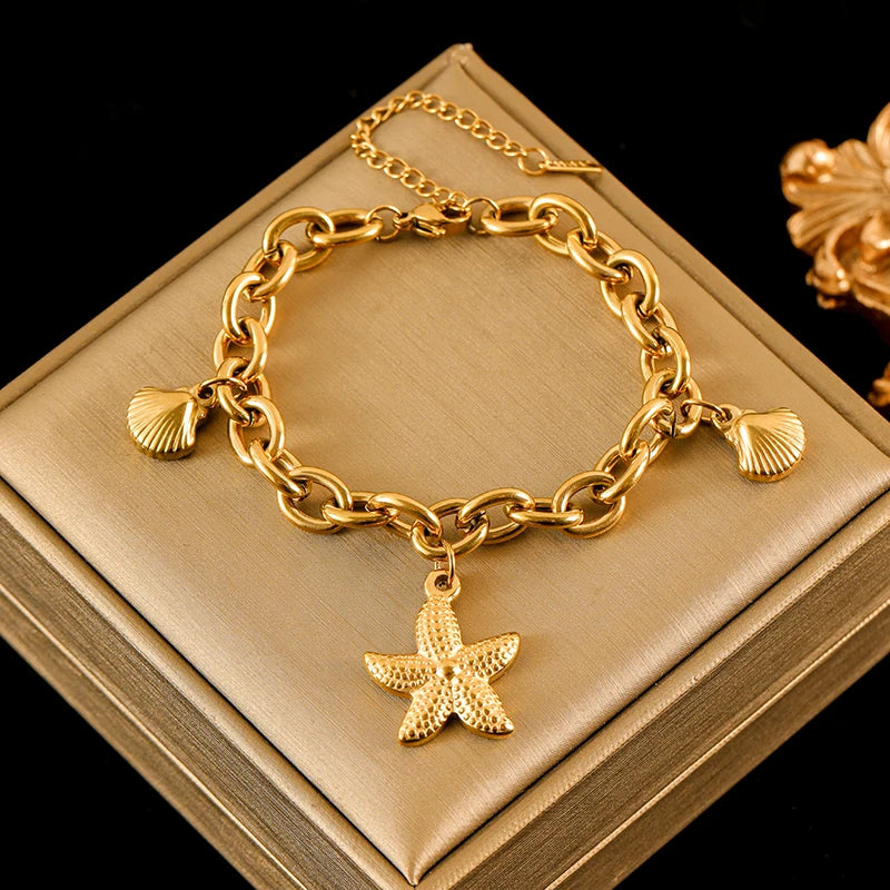 EILIECK 316L Acier inoxydable Couleur or Étoile de mer Lune Étoile Breloque Bracelet Pour Femme Nouvelle Chaîne de poignet tendance Bijou Cadeau Fête