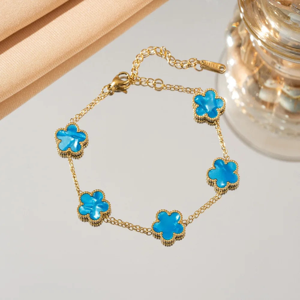18k Gold Plated Lucky Five-Leaf Flower Stainless Steel Bracelet Women's Exquisite Five-Pointed Star Luxury Party Jewelry Gift