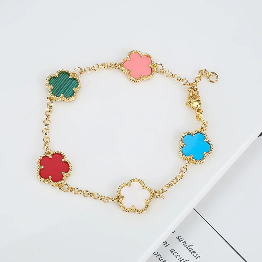 Hot Sale 14 Colors Five-Leaf Flower Set Bracelet Necklace Classic Simple Women Jewelry Set Suitable For Daily Party Wear Clover