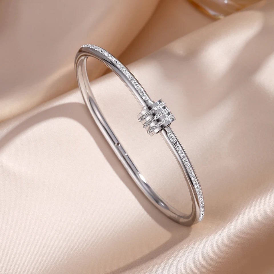 Sparkling Zirconia-Inlaid Stainless Steel Stackable Bracelet Set