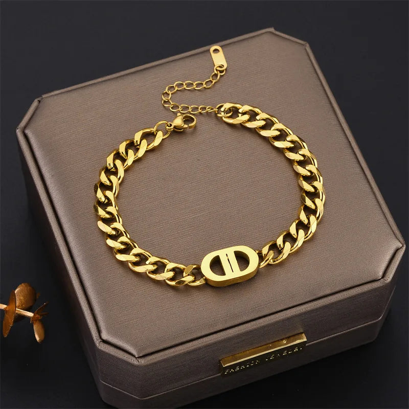 SGMAN Gold-Plated Stainless Steel Cuban Chain Bracelet Set