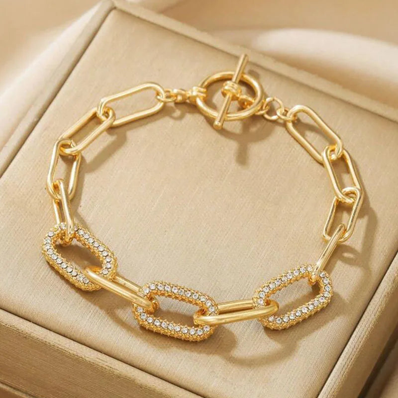 Vintage Simple Hollow Out Zircon Oval Chain Metal Bracelet Set for Woman Fashion Accessories Personalization Punk Charm Jewelry